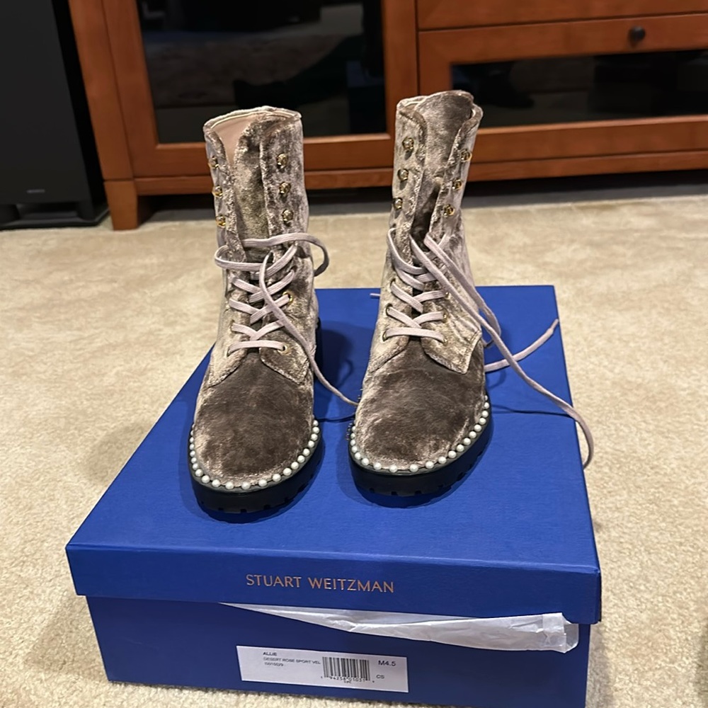 Worn once!  Beautiful Stuart Weitzman velvet boots with pearls size 4.5